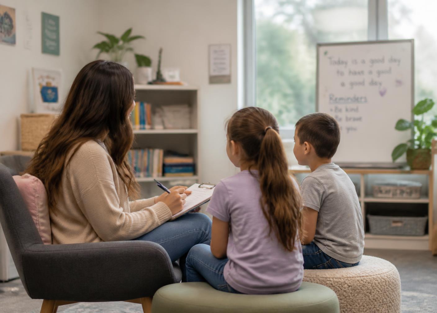 A school-based clinician meeting with students in a Connecticut school counseling room