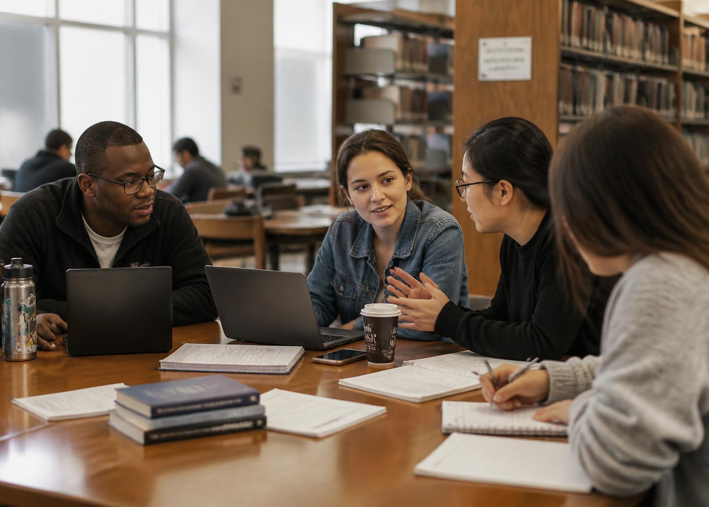 Graduate students studying together at a university library table